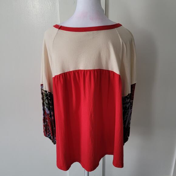 Umgee Size L Colorblock Mixed Print Fabric Long Sleeve Boho Top Bohemian Casual - Picture 3 of 9